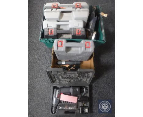 Two boxes of power tools (mostly boxed) including McAllister angle grinder, Performance jigsaw, cordless drill etc 
