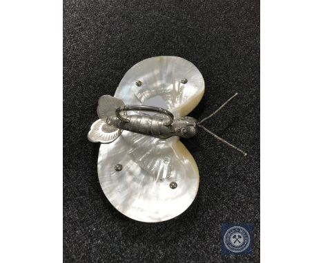 A continental silver and mother of pearl serving dish in the form of a bee, marks to base.