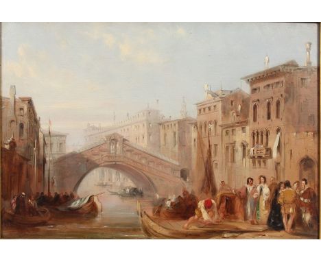  Attributed to James Holland (1799-1870) British. The Rialto Bridge, Venice, with Numerous Figures, Oil on Panel, 9.25” x 13”