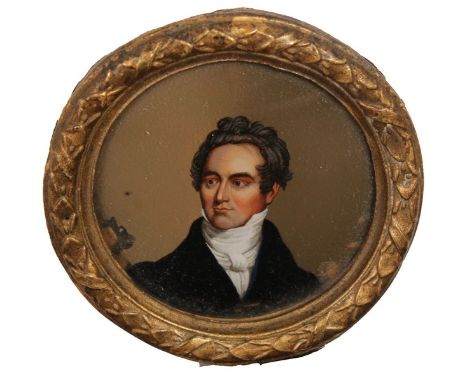  19th Century English School. Portrait of a Man, Oil on Glass, Circular, 2.25”.