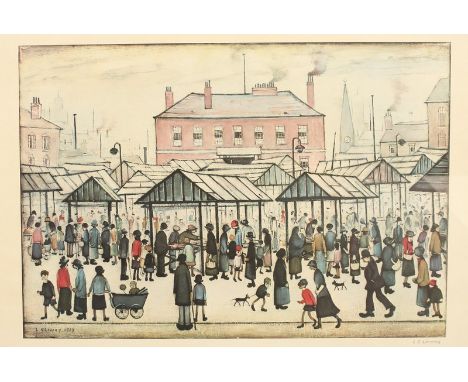  Lawrence Stephen Lowry (1887-1976) British. “Market Scene in a Northern Town”, Reproduction Lithograph, Signed in Pencil, ov