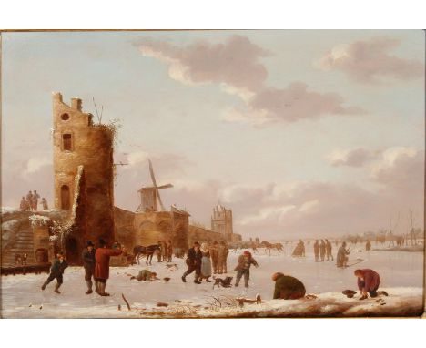  Early 19th Century Dutch School. A Winter Landscape, with Figures Skating by the Town Walls, Oil on Panel, 13.5” x 18.5”.