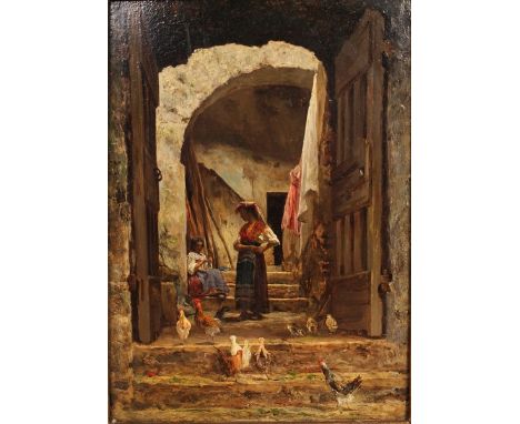  Aurelio Tiratelli (1842-1900) Italian. Italian Girls with Chickens on the Steps, leading to an Arched Doorway, Oil on Panel,