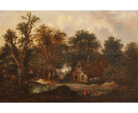  Circle of Patrick Nasmyth (1787-1831) British. A River Landscape with Figures on a track, Oil on Panel, 10” x 14”.