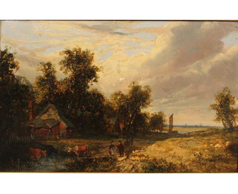  Manner of James Stark (1794-1859) British. A Norwich River Landscape with Figures and Cattle, Oil on Panel, 9” x 13”.