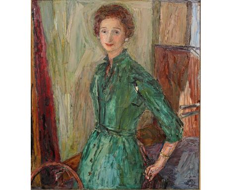  Marian Bom…. (20th Century) British. Portrait of Mrs C. Epril, Dressed in Green, Oil on Canvas, Signed with Initials and Dat