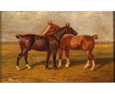  James Clark (1858-1943) British. Two Horses in a Landscape, Oil on Panel, Signed, 5” x 7”.