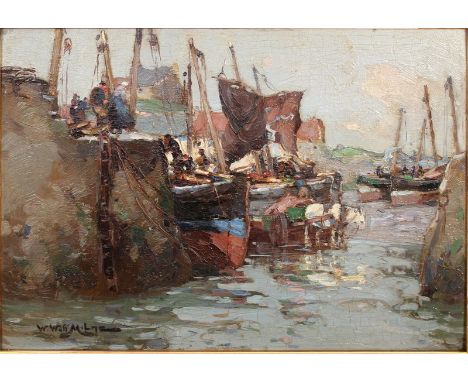  William Watt Milne (1865-1949) British. “St Monans, Fife” (No.2), a Busy Harbour Scene, with figures unloading boats, Oil on