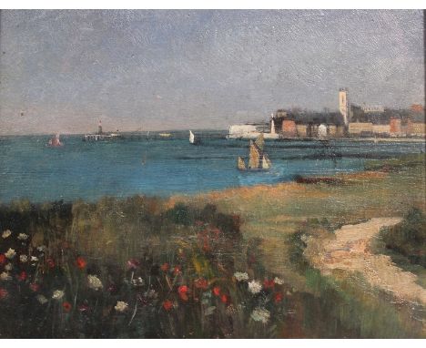 Cecil Mendelssohn Round (act.1884-1926) British. ‘Yarmouth’ a Coastal Scene with a Jetty, Oil on Panel, Signed on the revers