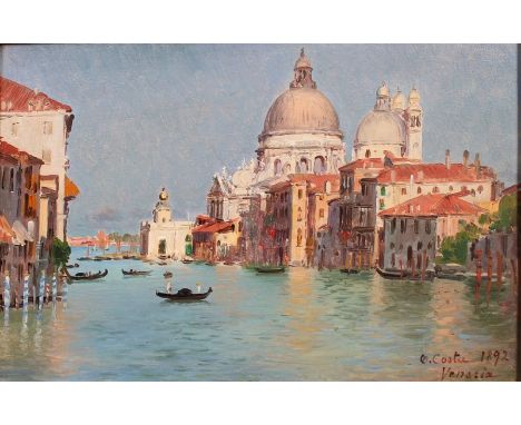  Giovanni Costa (19th Century) Italian. The Grand Canal, Venice, with the San Georgio Maggiore in the Distance, Oil on Panel,
