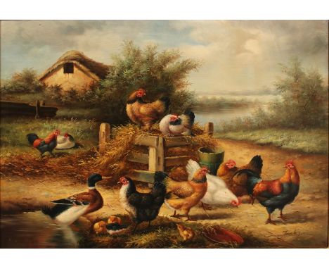  After A Jackson (19th Century) British. Chickens and Ducks Feeding by the Water’s Edge, Oil on Panel, 16” x 20”.