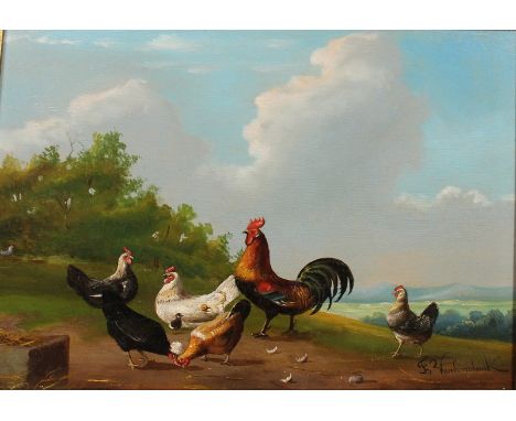  Franz Van Severdonck (1809-1889) Belgian. A Cockerel and Chickens in an Open Landscape, Oil on Panel, Signed, 7” x 9.5”.