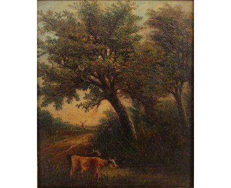  J… Shepherd (19th Century) British. Cattle Watering, Oil on Panel, Signed, 7” x 5.75”.
