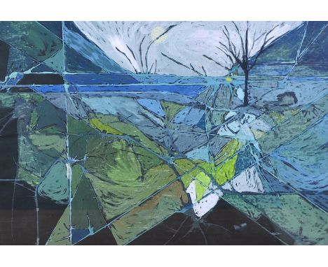  John Lancaster (20th Century) British. “Landscape”, Mixed Media, Signed in Pencil, with Label on the reverse, 15” x 21.5”.