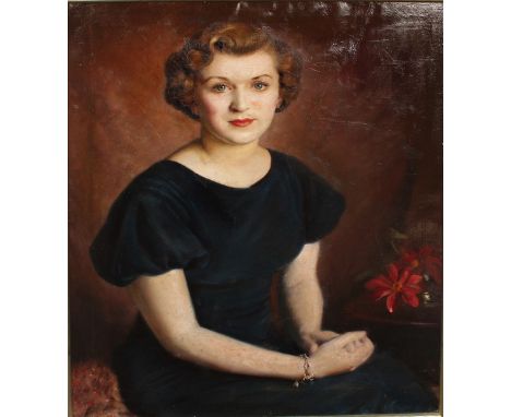 Victor Voysey (act.1929-1933) British. Portrait of a Lady, dressed in Dark Blue, Signed and Dated ’36, Oil on Canvas verso, 3