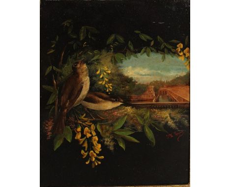  E… De Luguis (19th Century) French. Birds Overlooking a Palatial Garden, Oil on Panel, Signed, 13” x 9.5”.