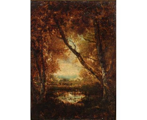  Manner of Camille Jean-Baptiste Corot (1796-1875) French. A View of a Lake through the Woods, Oil on Panel, bears an incised