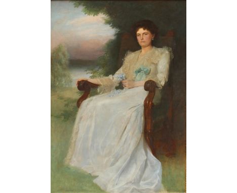  19th – 20th Century English School. Portrait of a Seated Lady in a Landscape, Wearing a White Dress with a Blue Sash, Oil on