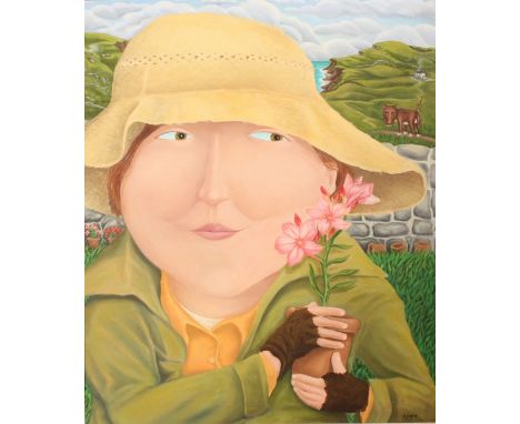  M… Payne (20th Century) British. A Naïve Portrait of A Lady Holding a Pot with Flowers, A Dog in the Landscape Beyond, Oil o