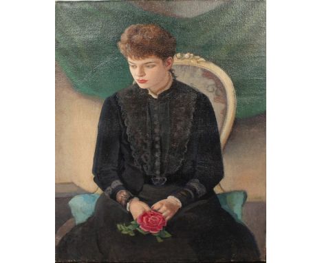  19th Century French School. Portrait of a Seated Lady, Dressed in Black holding a Red Rose, Oil on Canvas, Unframed, 38” x 2