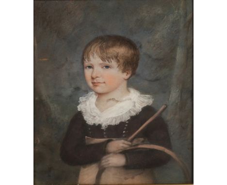  Circle of John Russell (1745-1806) British. A Young Boy, With a Hoop and Stick, Pastel, 9.25” x 6.75”.