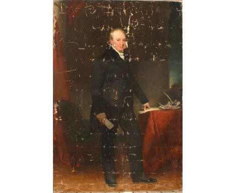  19th Century English School. Portrait of a Man, Standing Full Length Holding a Ribboned Document, in an Interior, Oil on Can