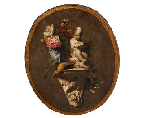  Late 18th Century Dutch School. Study of a Seated Cherub, Flowers in a Blue and White Vase, and a Dead Finch, on a Wall Brac