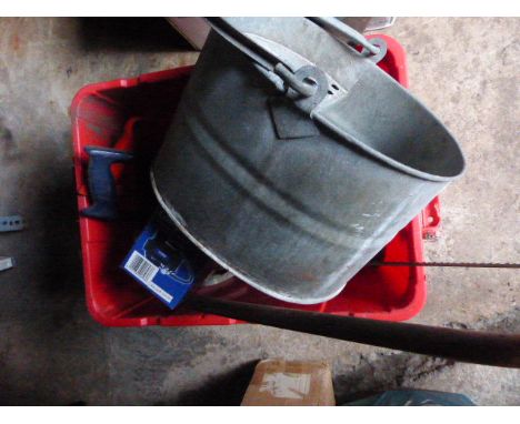 Box of mixed tools including galvanised mop bucket
