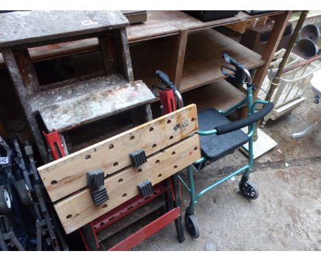 Two vintage pine step ladders and Workmate bench