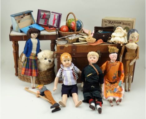 Collection of various dolls, accessories and related items, including a miniature wooden dressing table with marble top, (lac