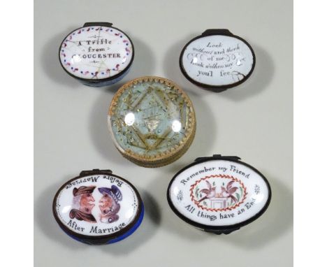 Four oval ceramic snuff boxes, 19th century, ‘Before Marriage’ ’After Marriage’ 2” (5cm), ‘Remember my Friend All thing have 