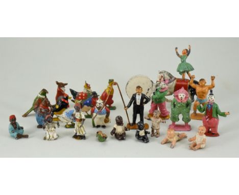 Lead Circus figures, Britians Cococubs and other lead figures, Charbens ringmaster, two clowns one holding hoop, Strongman (l