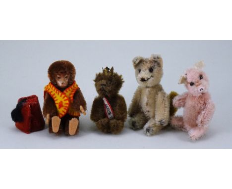 Schuco four miniature mohair animals, 1950s, Fox with black bead eyes, moulded nose and stitched mouth, felt lined ears, 4” (