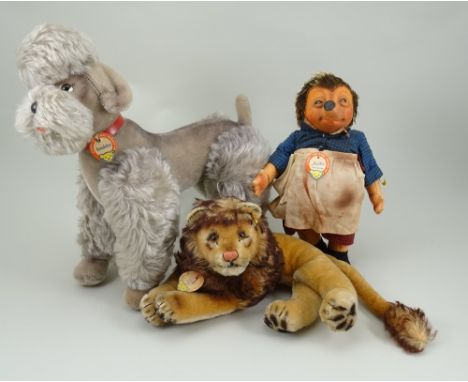 Three Steiff soft toys including Snobby the Poodle, 1950s, larger size Poodle with shaggy and clipped grey mohair with brown 