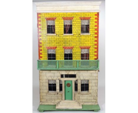 Silber &amp; Fleming painted wooden box-back dolls house,  German circa 1860, the façade painted to represent yellow brick an