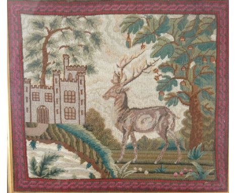 An early 19th century tapestry and stump work picture of a Stag, the Scottish scene with large stag, castle to back ground an