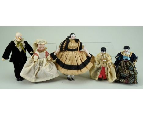 Collection of five dolls house dolls, German, including early glazed china shoulder head doll with painted features, moulded 