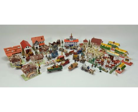 Collection of Erzgebirge buildings, animals, people, horse drawn and motor vehicles, 1890s-1920s, various buildings include T