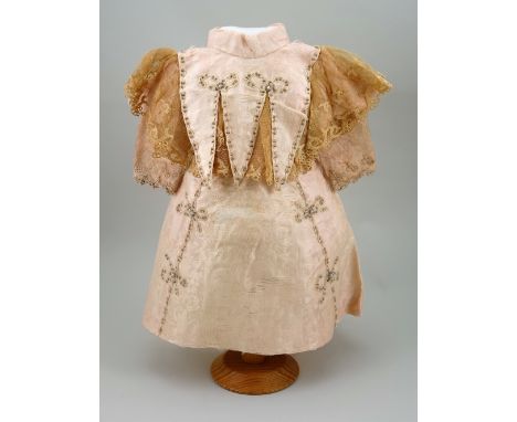 Beautiful pink silk dress for Jumeau Bebe, French circa 1890, the silk and net party frock with lace under shaped front,  wit