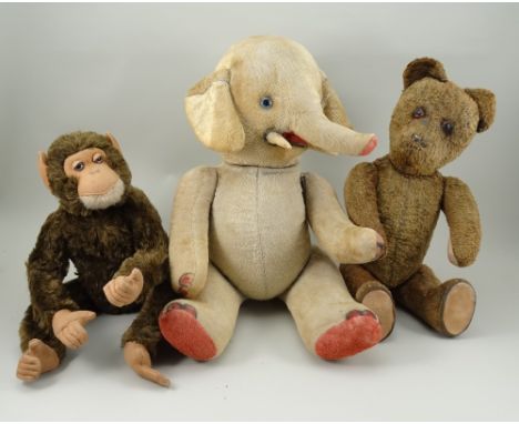 Silk plush toy Elephant, Teddy Bear and mohair Monkey, circa 1930, grey faded Elephant with blue glass eyes, red lined mouth,