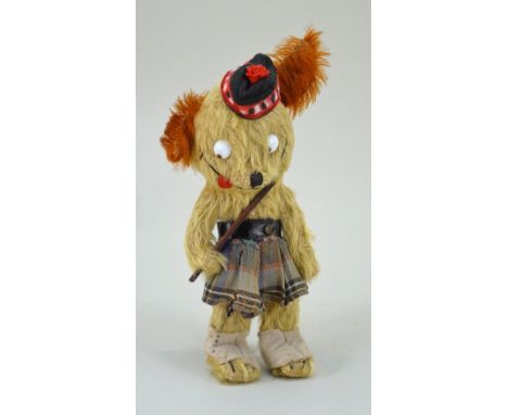 Rare Chiltern Einco Teddy Bear in Scottish outfit, 1920s, golden mohair bear with large white and brown side glancing glass e