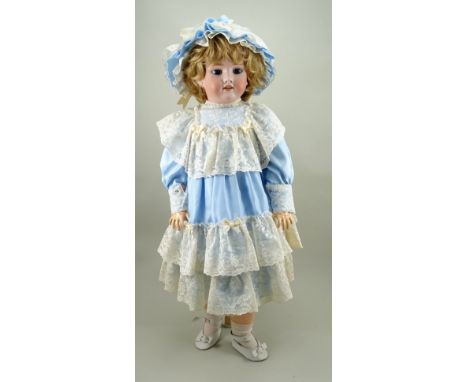 Handwerck/Halbig bisque head doll, circa 1910, with fixed blue glass eyes, painted features, raised eyebrows and open mouth w