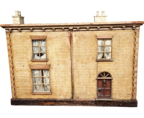 An Early English painted wooden dolls house, mid 19th century, the painted sand brick exterior with three glazed windows with