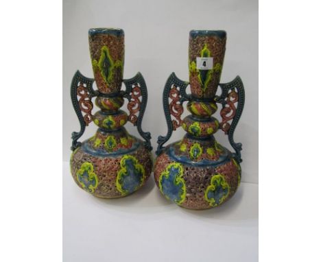 ZSOLNAY-STYLE, pair of pierced pottery, 14.5" twin handled vases, impressed "Fifcheremil, Budapest 1530" (rim damage to one v