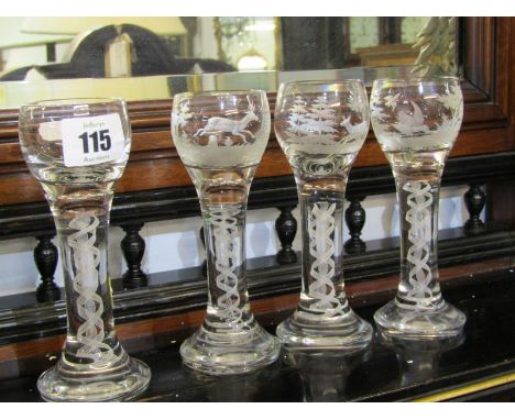 GLASSWARE, 4 cotton twist stem liquor glasses, 3 with hunting etched decoration 
