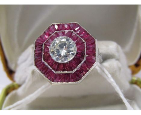 PLATINUM RUBY &amp; DIAMOND ART DECO DESIGN RING, principal brilliant cut diamond of good colour and clarity, approx 1.1ct, s