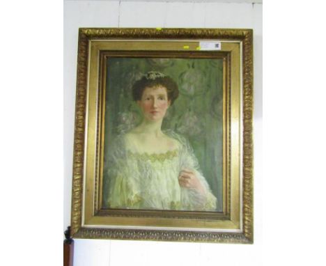 MARGUERITE TORBERY? indistinctly signed oil on canvas, "Portrait of Young Lady in lace dress", 27.5" x 21" 