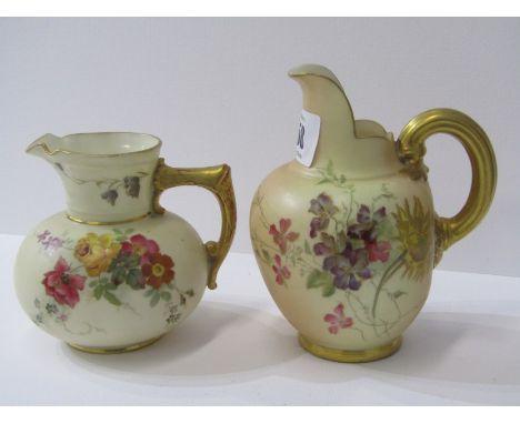 ROYAL WORCESTER, 2 gilt handled floral decorated cream jugs 
