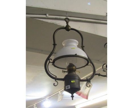 LIGHTING, Edwardian design brass hanging oil lamp with milk glass shade 