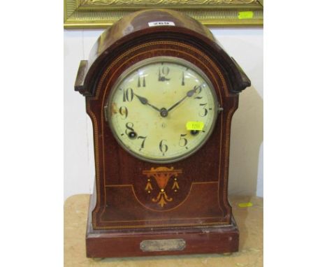 EDWARDIAN MARQUETRY BRACKET CLOCK, inlaid mahogany cased bracket clock with presentation plaque and coiled bar strike, 13" he